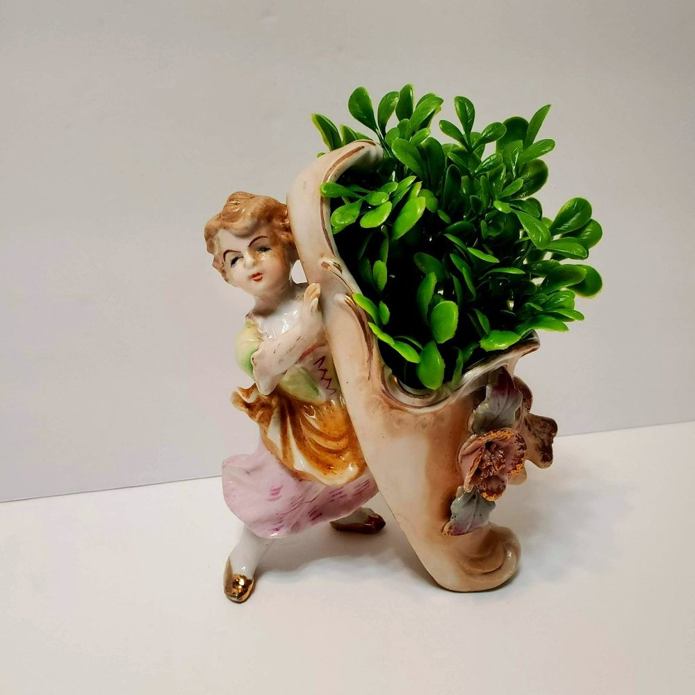 Vintage Figural Planter, Porcelain, Relco Japan, Woman Holding Shoe, Mid Century